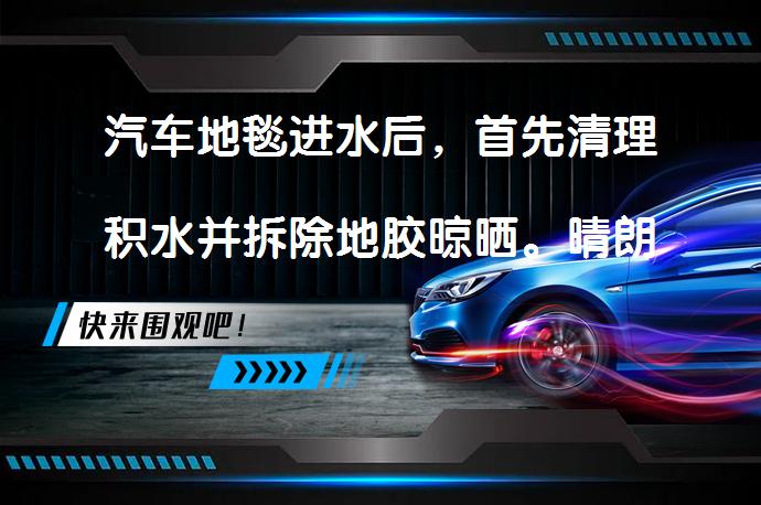汽车地毯进水后，首先清理积水并拆除地胶晾晒。晴朗天气时，开窗并敞开车门晾晒，同时可使用空调内循环排出潮气。轻微浸水可自行清洗，严重时需送专业店清洗。_58汽车